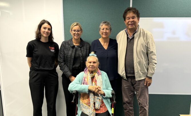 PWANADA Research, Advocacy and Governance Officer Christel Barthelemy, WANADA Sector Projects and Engagement Manager Rochelle McIntosh, WANADA CEO Jill Rundle, Professor Stanley Nalanga and Aunty Oriel Green.