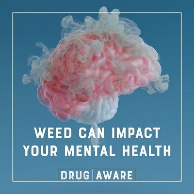 Image of a brain above text that says 'Weed can impact your mental health - Drug Aware'