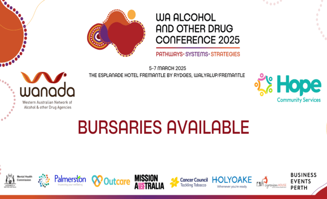 Social media tile with the text 'Bursaries Available' in bold, set against a vibrant background of red, orange, purple, and white. Sponsor logos are neatly aligned along the bottom of the tile."