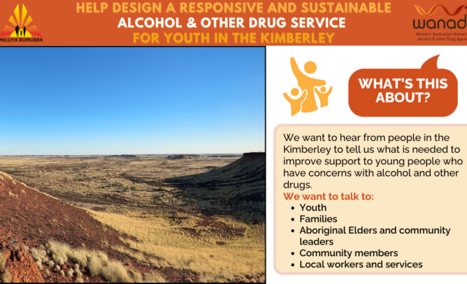 Social media tile promoting youth-focused alcohol and other drug service design in the Kimberley. The image includes a photo of a vast plain near Balgo on the left. Title text reads "Help Design a Responsive and Sustainable Alcohol & Other Drug Service for Youth in the Kimberley." A speech bubble says "What's this about?" with an explanatory text bubble below. WANADA and Milliya Rumurra logos are positioned in the top corners.