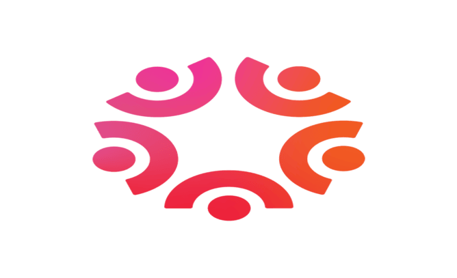 cCircular logo of five stylised human figures in shades of pink, red and orange arranged in a ring, symbolising community, inclusion and connection