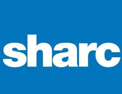 SHARC logo in white lettering on a blue background