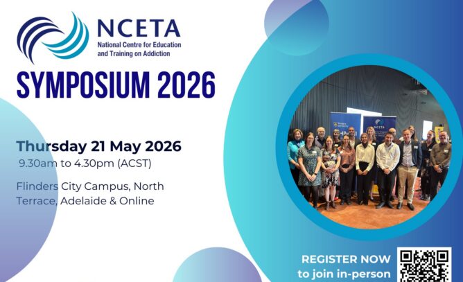 Graphic promoting NCETA Symposium 2026 on Thursday 21 May 2026 at Flinders City Campus, Adelaide and online, with a group photo, event details, and a QR code to register.
