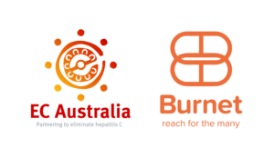 EC Australia & Burnet Institute Logo Reading under EC Australia "Partenering to eliminate hepatitis C" and under Burnet "reach for the many"