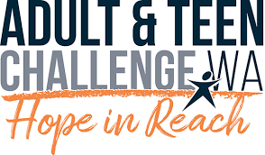 Adult & Teen Challenge logo. Black, Grey and Orange writing with a white background. A small stick figure is positioned next to the text