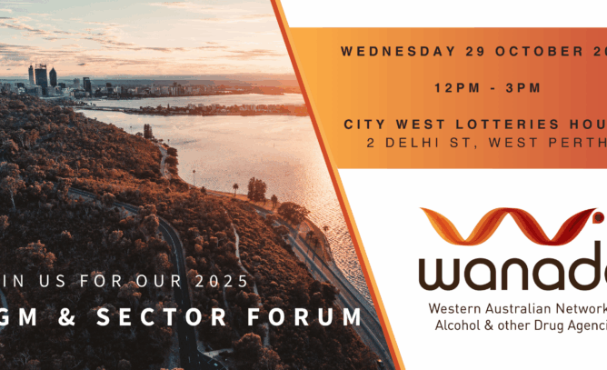 WANADA AGM and Sector Forum social media tile, set against a backdrop of Perth City at sunset