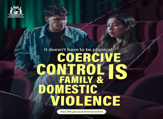 A man gazes intently at a woman who turns her head away, avoiding his look. The scene emphasizes discomfort and tension, underscoring the message of the 'Coercion Hurts' campaign