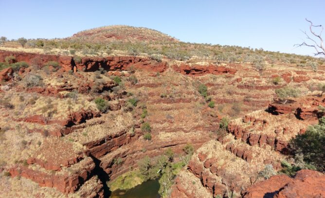 Wide view of Dales Gorge in the Pilbara, featuring red rock cliffs, vegetation, and a small waterhole at the base of the gorge.