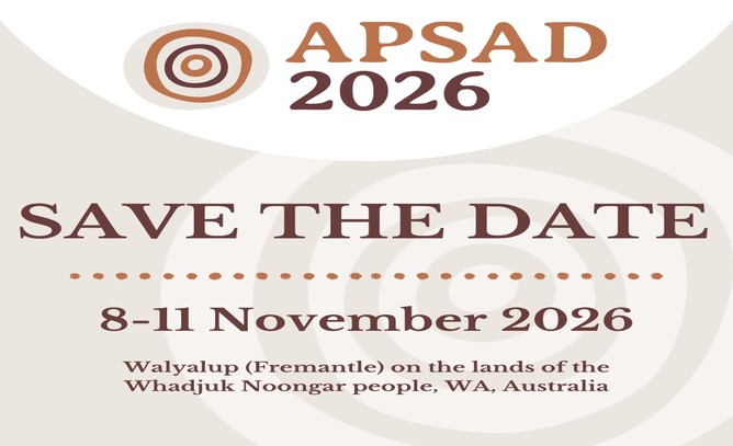 APSAD 2026 ‘Save the Date’ graphic showing the dates 8–11 November 2026, to be held in Walyalup (Fremantle), on the lands of the Whadjuk Noongar people, WA, Australia