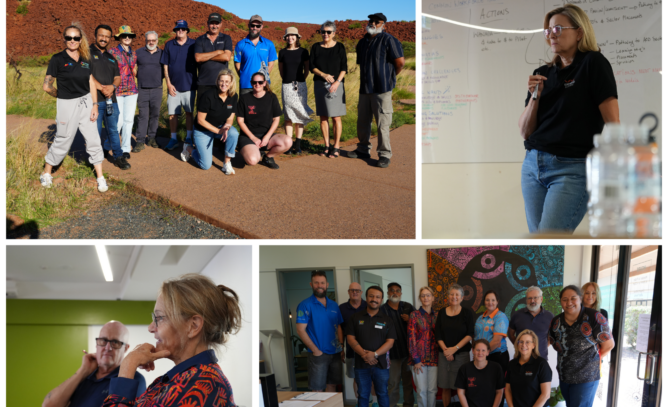 A four‑image collage showing participants at the Regional, Rural and Remote Managers’ Forum, including an outdoor group photo in the Pilbara, WANADA staff speaking beside a whiteboard, two attendees engaging in discussion, and a group photo in front of a colourful mural.