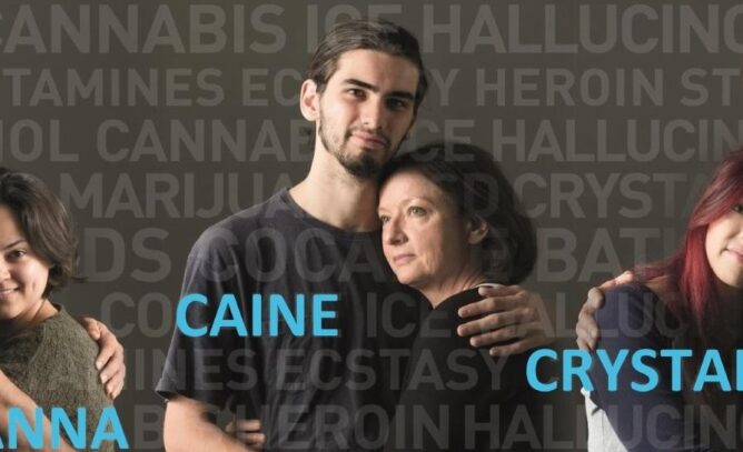 A group of adults standing closely together in pairs, with arms around each other in a supportive pose. Overlaid text labels read “Cannabis,” “Cocaine,” and “Crystal meth,” while the background features repeated words naming different drugs