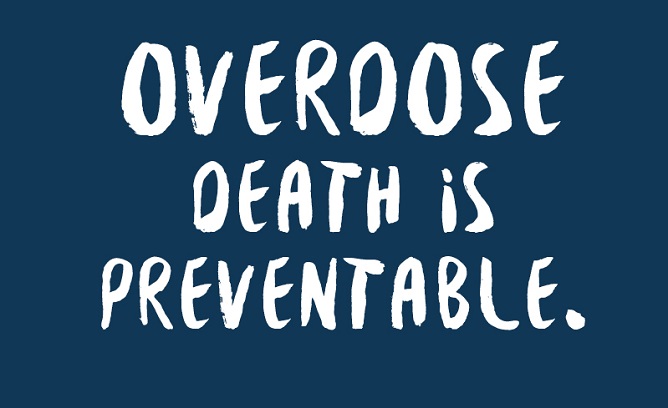 Blue image with text that says overdose death is preventable