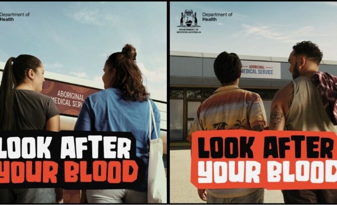 Two posters side by side - both with WA Health logos and the Know Your Blood Campaign text. The poster on the left shows two Aboriginal women from behind, while the one on the right shows two Aboriginal men from behind - all walking to a health clinic.