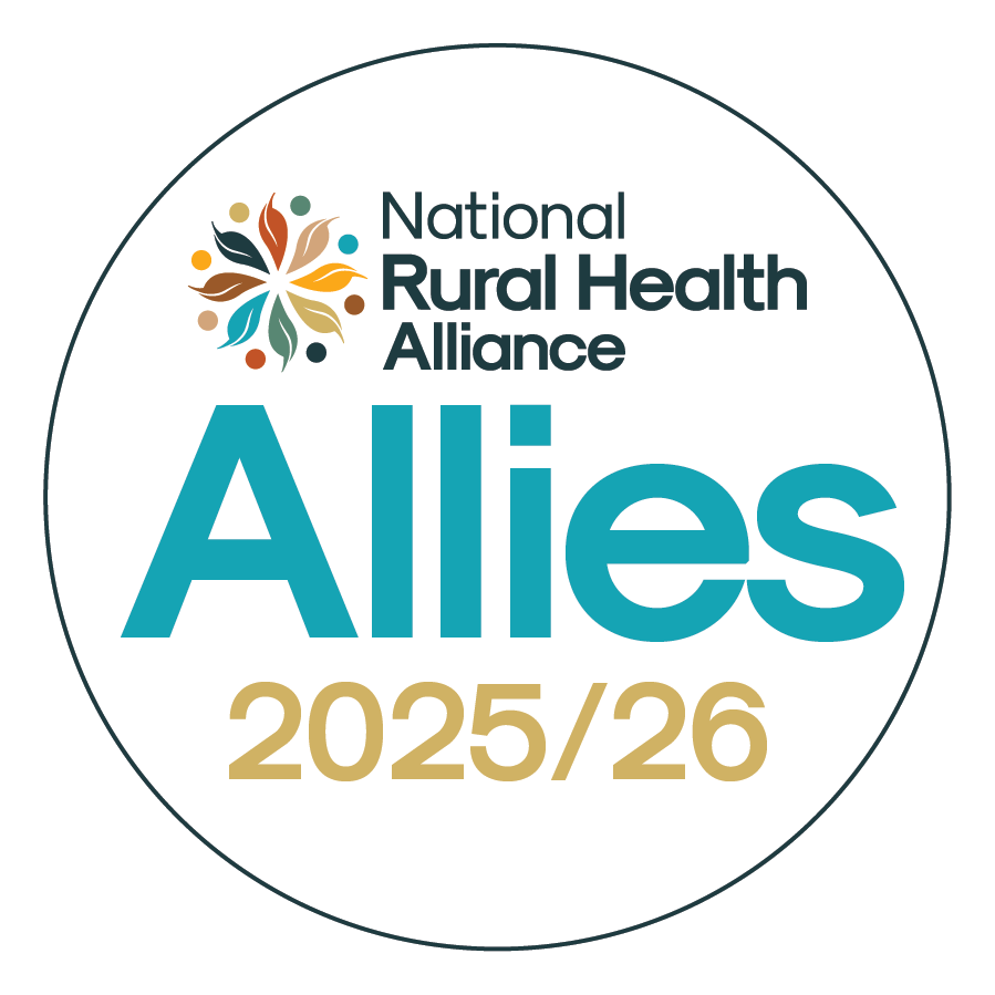 Circular badge with a thin dark border featuring the National Rural Health Alliance logo at the top, including a multicoloured stylised leaf emblem. Below it, large teal text reads “Allies” and gold text underneath reads “2025/26.” The background is light grey.