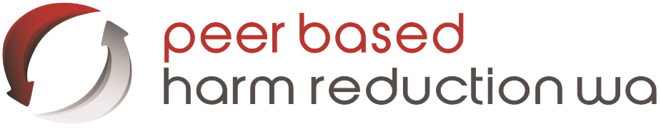 Peer Based Harm Reduction logo with red and black text. A red and grey circular arrow graphic symbolises reciprocity and connection