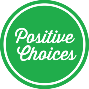Positive Choices logo in cursive with white lettering against a green bakcground