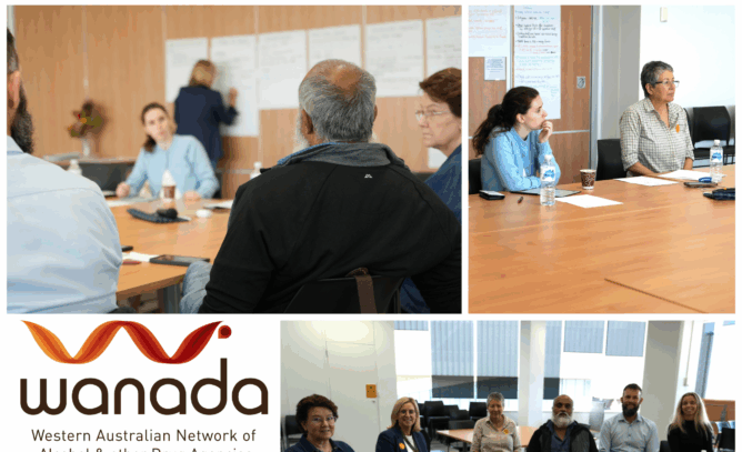 Collage from the Regional, Rural and Remote Managers Forum showing attendees gathered in the bottom-right, WANADA CEO Jill Rundle and Amie Furlong listening in the top-right, and participants discussing while someone writes notes on a sheet of paper on the wall