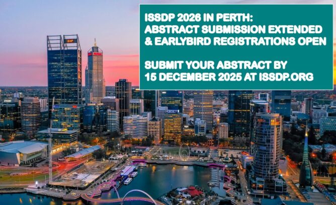Aerial dusk view of Perth city skyline and Elizabeth Quay. Overlaid text reads ‘ISSDP 2026 in Perth: Abstract submission extended & earlybird registrations open. Submit your abstract by 15 December 2025 at issdp.org’. ISSDP, NDRI and Curtin University logos appear along the bottom