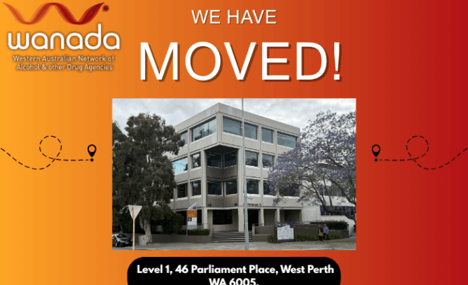 Graphic with an orange gradient background featuring the text ‘We Have Moved! Please update your details’ with two dotted paths and location pin icons. In the center is a photo of a modern three-storey office building at 46 Parliament Place, West Perth, surrounded by trees and a jacaranda in bloom