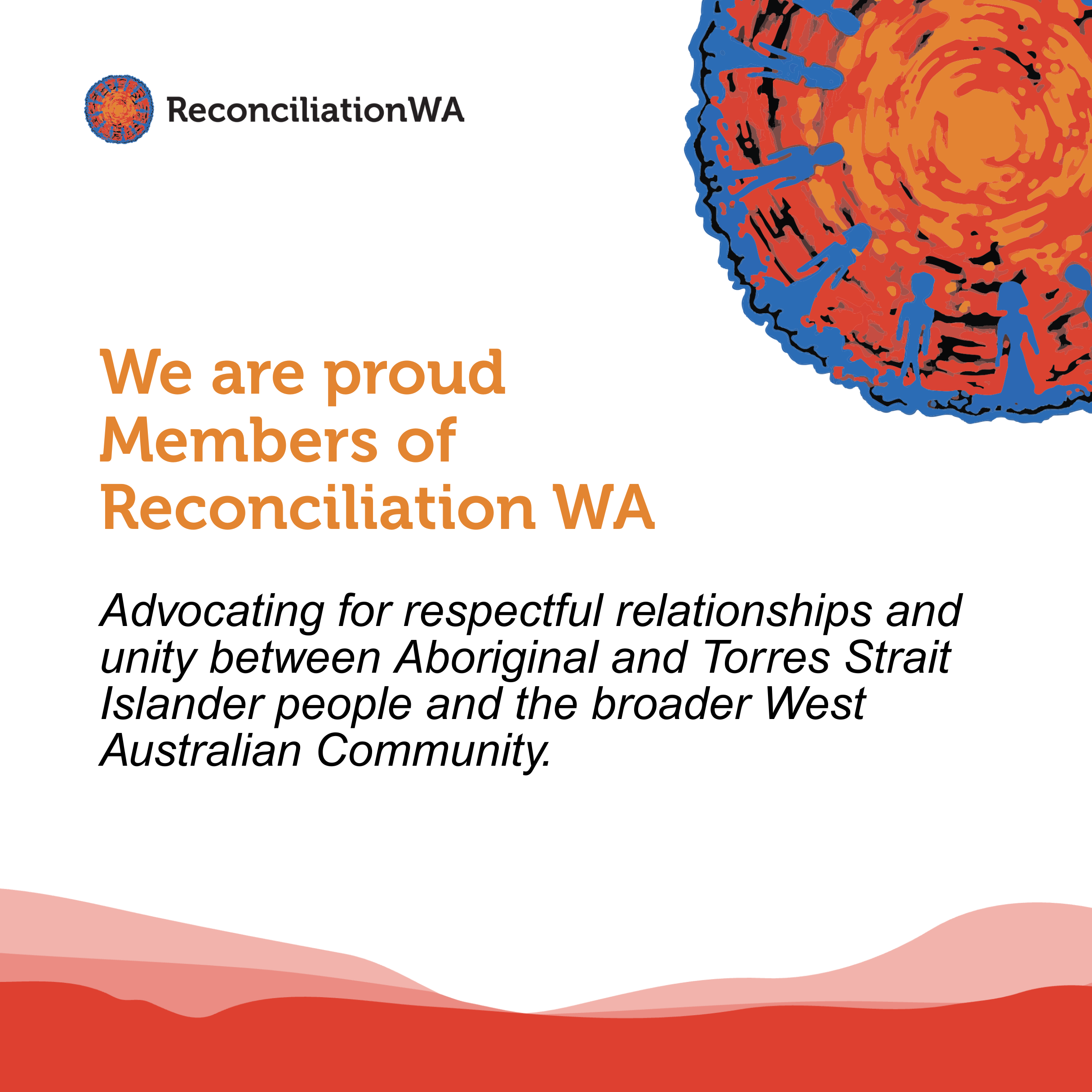 Reconciliation WA logo featuring stylised Aboriginal artwork and text reading 'We are proud members of Reconciliation WA'
